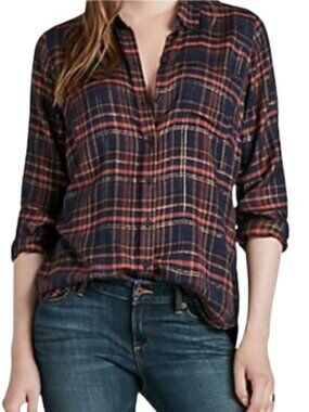 Lucky Brand Navy, Rust & Gold Plaid Button Down Shirt Top - NWT